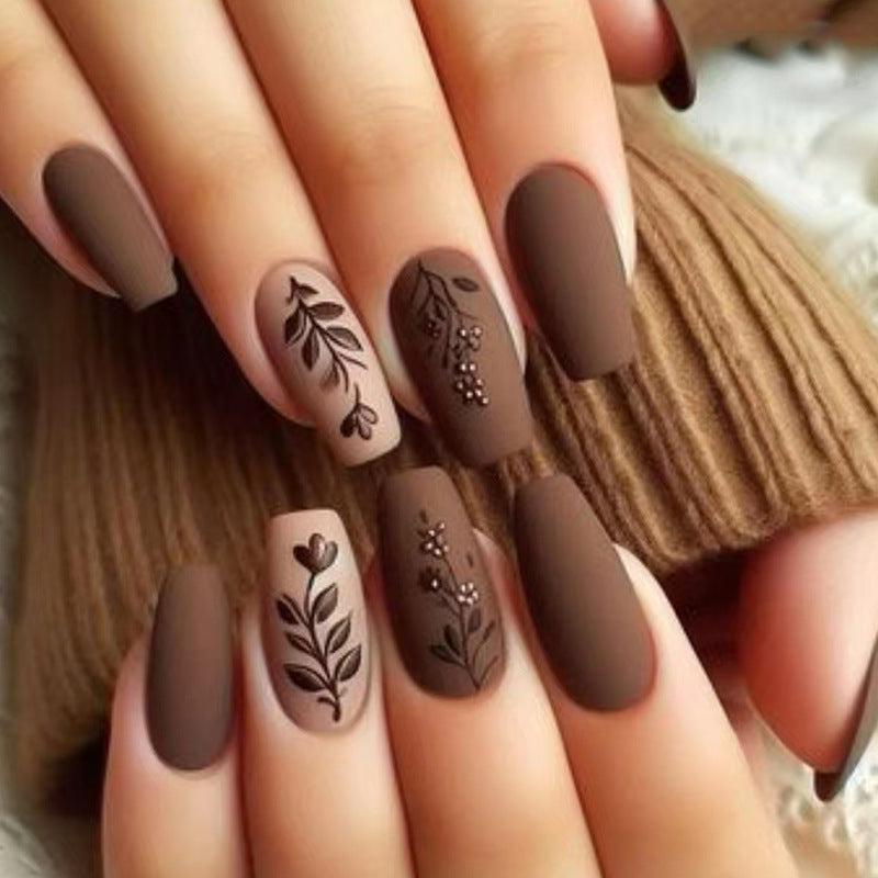 Nail 214 - Chocolate Floral Elegance (24Pcs) - Free Nail Kit Included