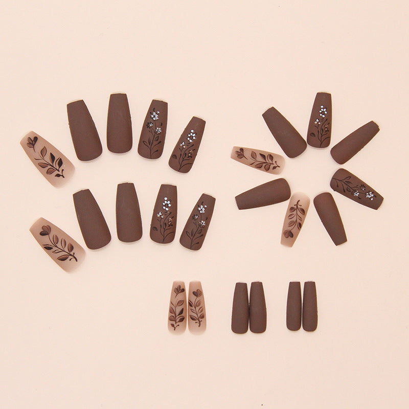Nail 214 - Chocolate Floral Elegance (24Pcs) - Free Nail Kit Included