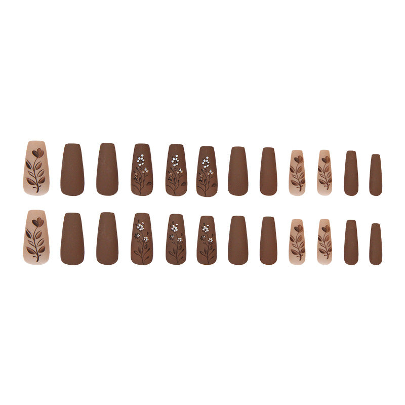Nail 214 - Chocolate Floral Elegance (24Pcs) - Free Nail Kit Included