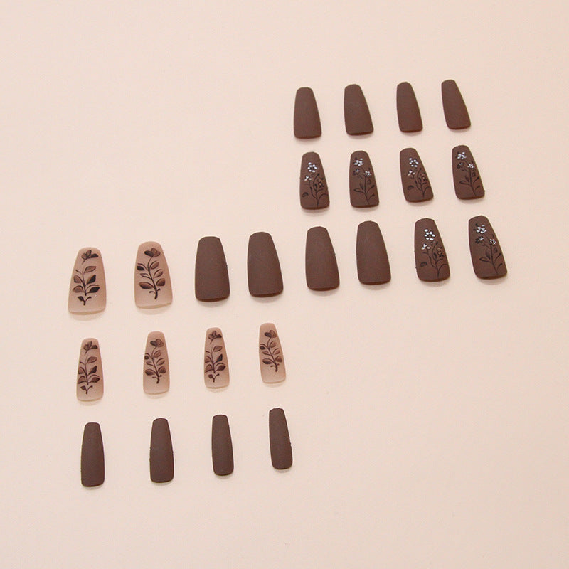 Nail 214 - Chocolate Floral Elegance (24Pcs) - Free Nail Kit Included