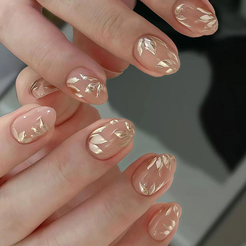 Nail 216 - Golden Leaf Whispers Press-On Nails (24Pcs) - Free Nail Kit Included
