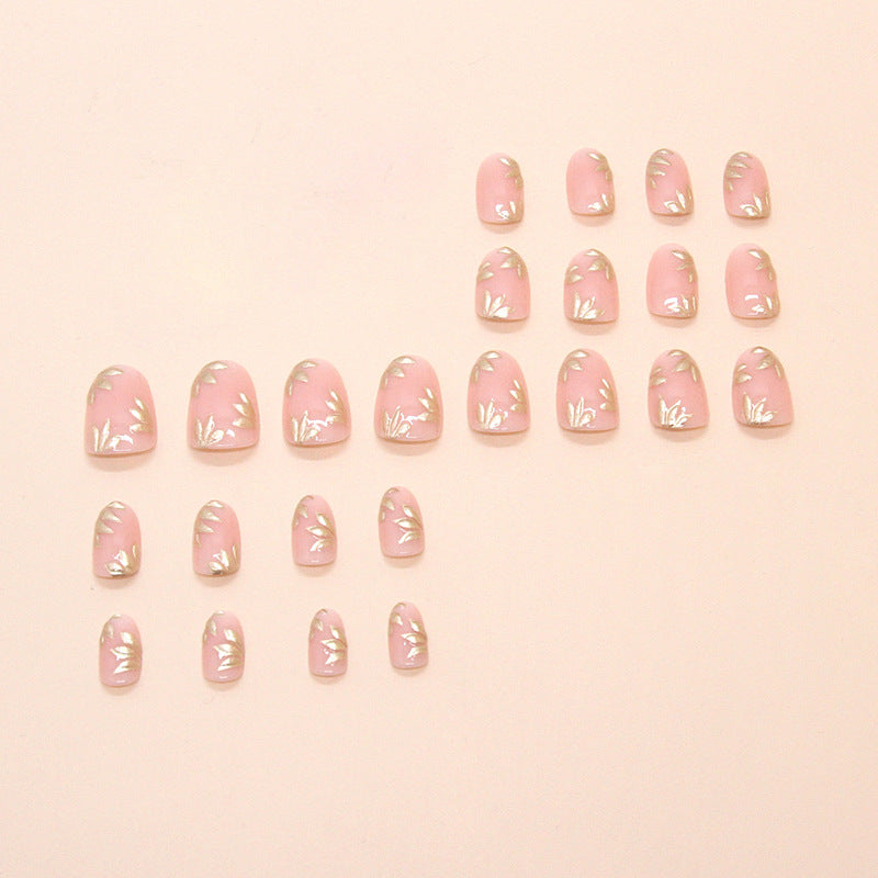 Nail 216 - Golden Leaf Whispers Press-On Nails (24Pcs) - Free Nail Kit Included