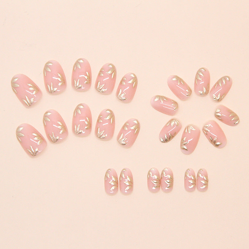 Nail 216 - Golden Leaf Whispers Press-On Nails (24Pcs) - Free Nail Kit Included