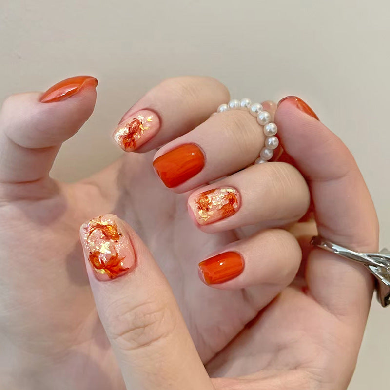 Nail 218 - Golden Autumn Leaves Press-On Nails (24Pcs) - Free Nail Kit Included