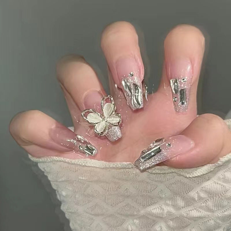 Nail 223 - Crystal Chrome Rotating Butterfly (24Pcs) - Free Nail Kit Included