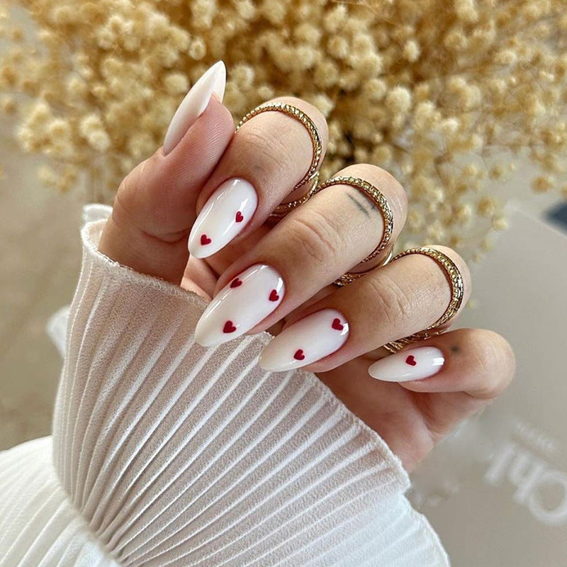 Nail 230 - White Almond Nails with Mini Red Hearts (24Pcs) - Free Nail Kit Included