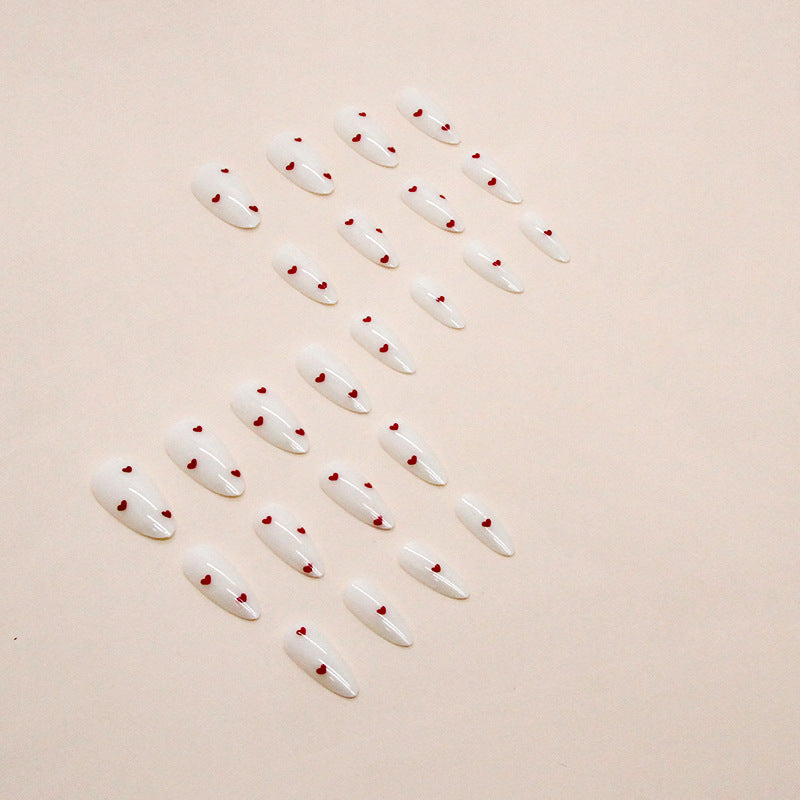 Nail 230 - White Almond Nails with Mini Red Hearts (24Pcs) - Free Nail Kit Included