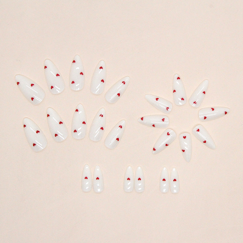 Nail 230 - White Almond Nails with Mini Red Hearts (24Pcs) - Free Nail Kit Included