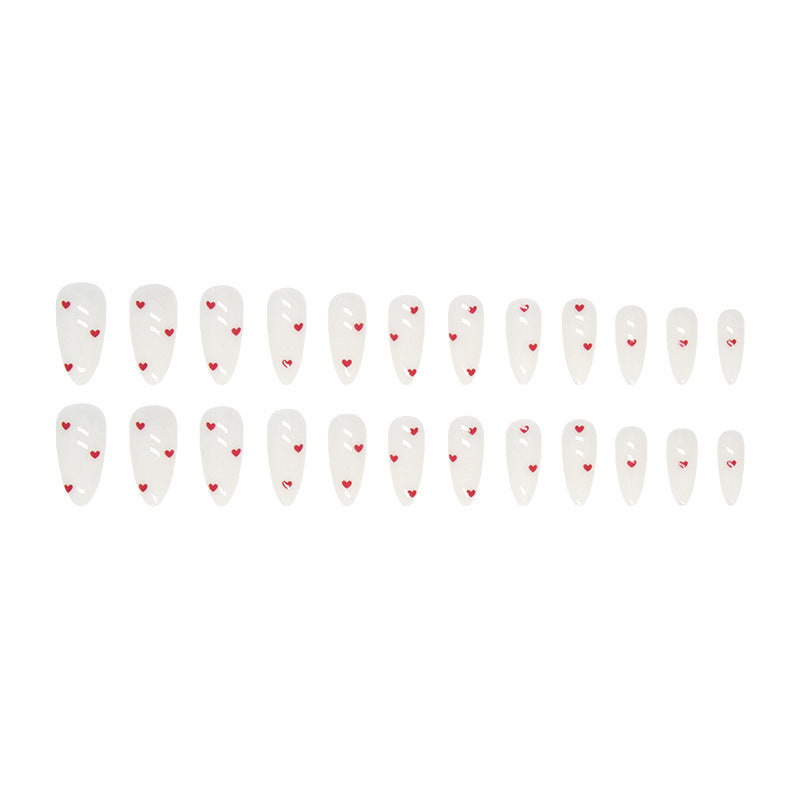 Nail 230 - White Almond Nails with Mini Red Hearts (24Pcs) - Free Nail Kit Included