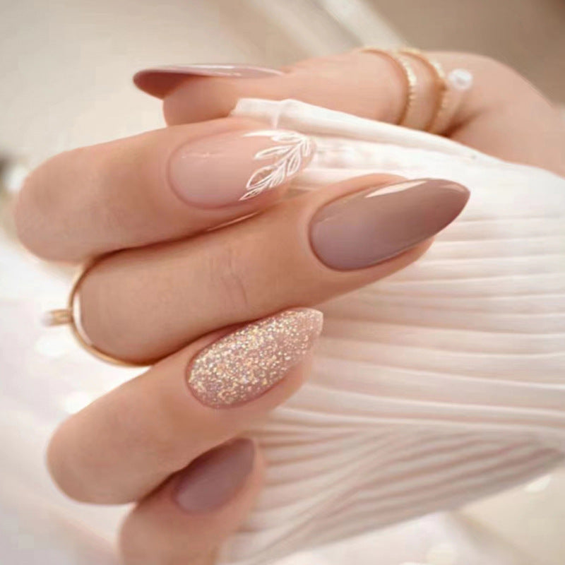 Nail 234 - Gentle Autumn Leaves – Almond (24Pcs) - Free Nail Kit Included