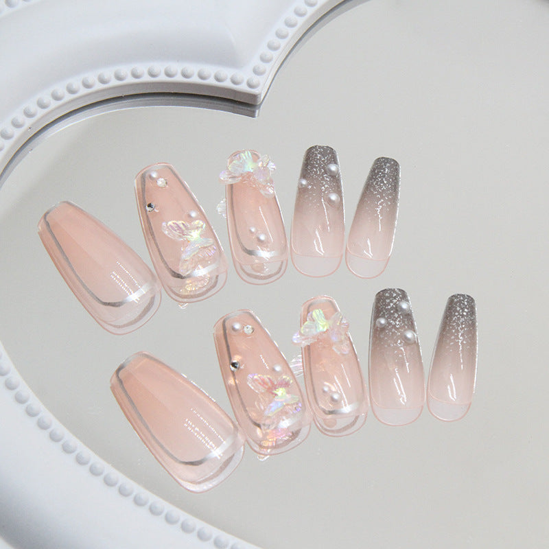 NG235 - Pearl Butterfly Coffin Press-On Nails (24 Pcs) - Free Nail Kit Included