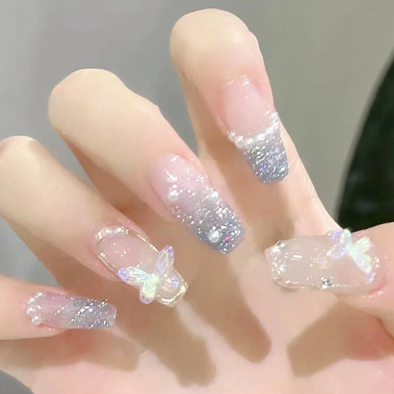 Nail 235 - Pearl Butterfly Coffin Press-On Nails (24Pcs) - Free Nail Kit Included