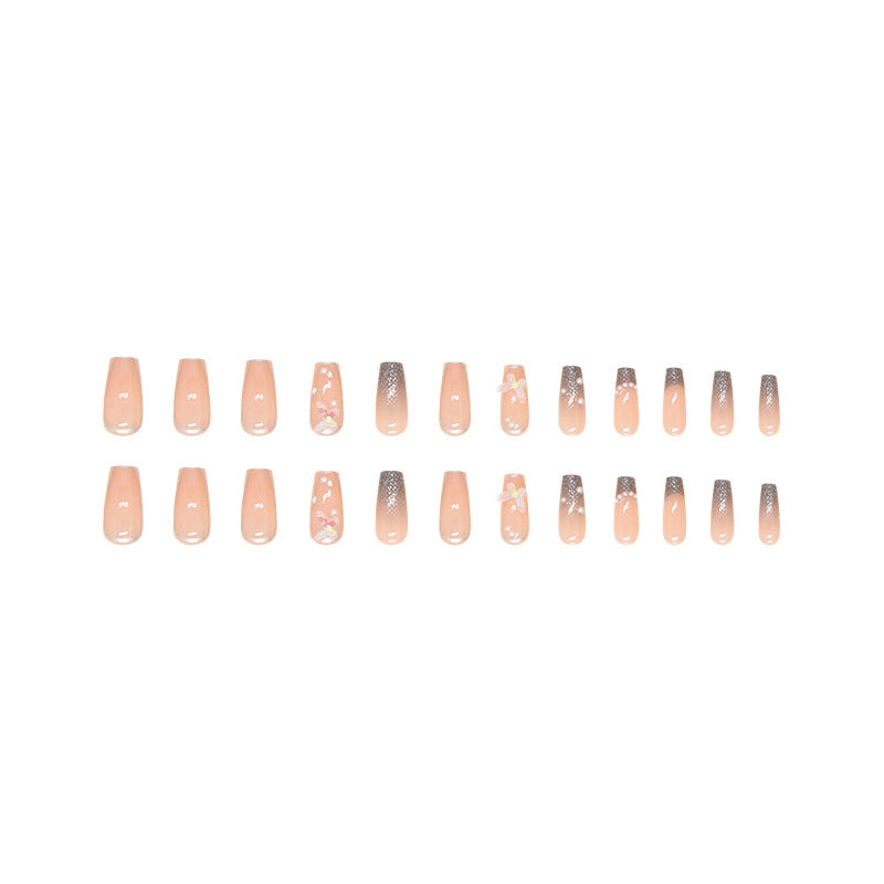 NG235 - Pearl Butterfly Coffin Press-On Nails (24 Pcs) - Free Nail Kit Included