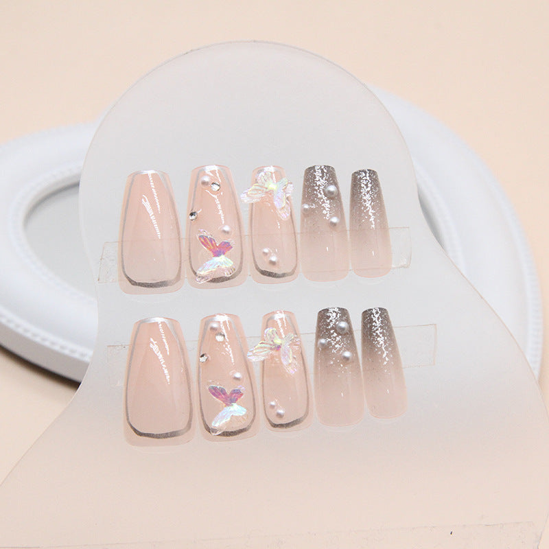 NG235 - Pearl Butterfly Coffin Press-On Nails (24 Pcs) - Free Nail Kit Included