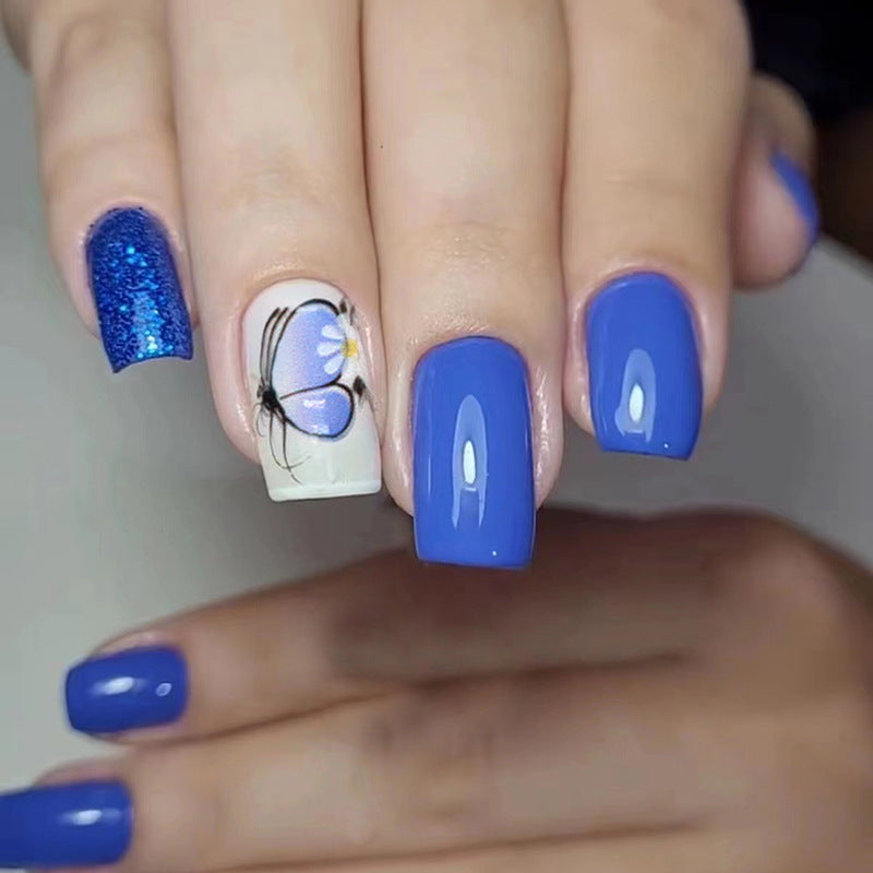 Nail 264 - Blue Bloom Elegant Butterfly (24Pcs) - Free Nail Kit Included