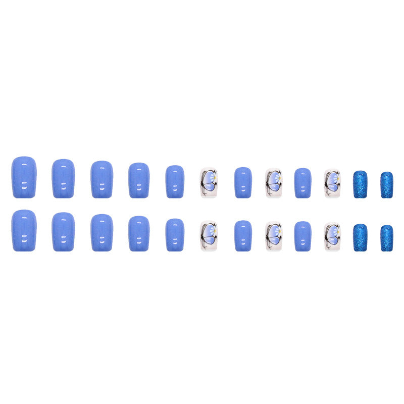 Nail 264 - Blue Bloom Elegant Butterfly (24Pcs) - Free Nail Kit Included