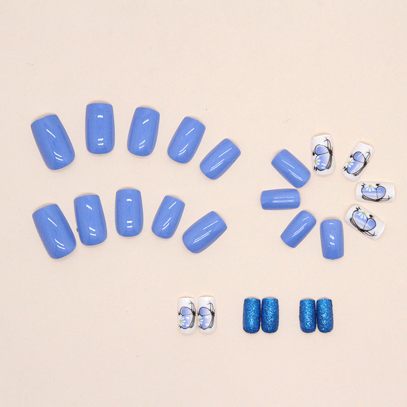 Nail 264 - Blue Bloom Elegant Butterfly (24Pcs) - Free Nail Kit Included