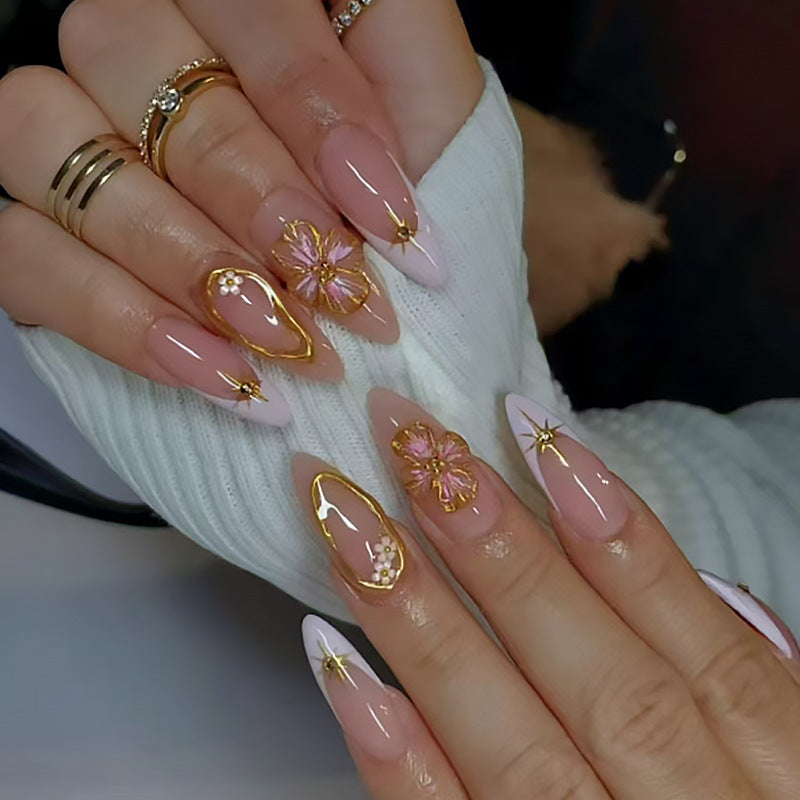 Nail 284 - Golden Blossoms (24Pcs) - Free Nail Kit Included