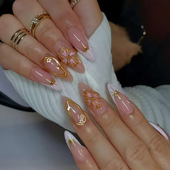 Nail 284 - Golden Blossoms (24Pcs) - Free Nail Kit Included