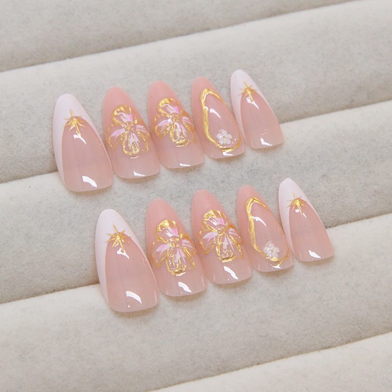 Nail 284 - Golden Blossoms (24Pcs) - Free Nail Kit Included