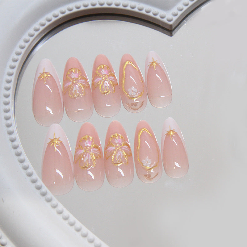 Nail 284 - Golden Blossoms (24Pcs) - Free Nail Kit Included