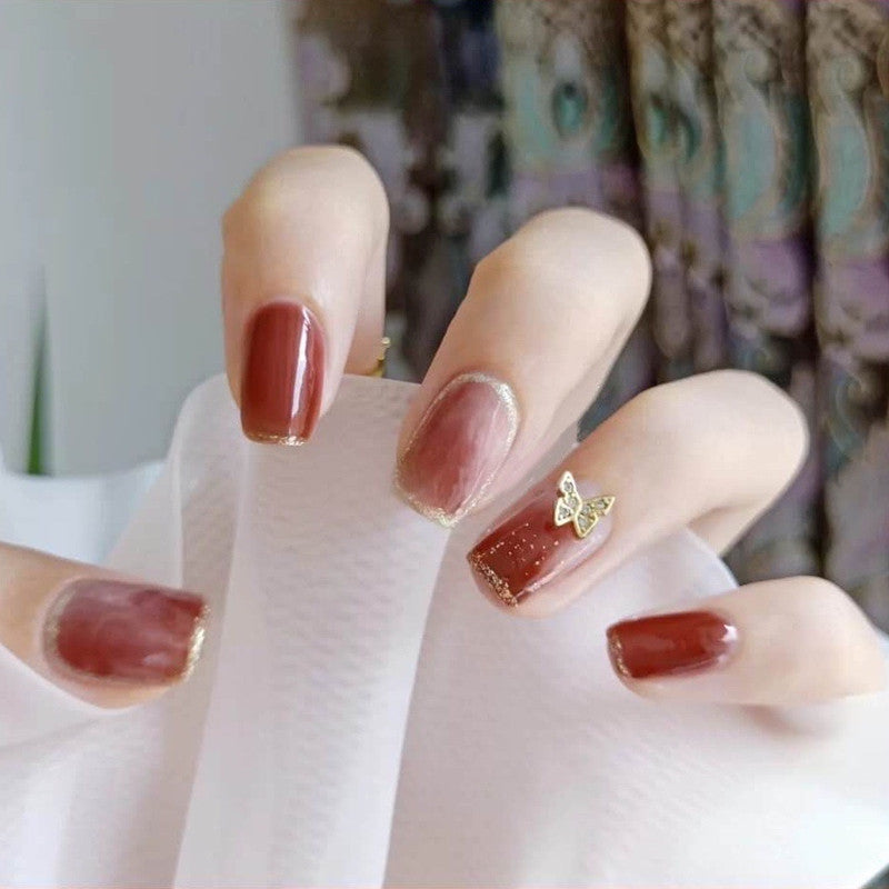 Nail 304 - Burgundy Butterfly (24 Pcs) - Free Nail Kit Included