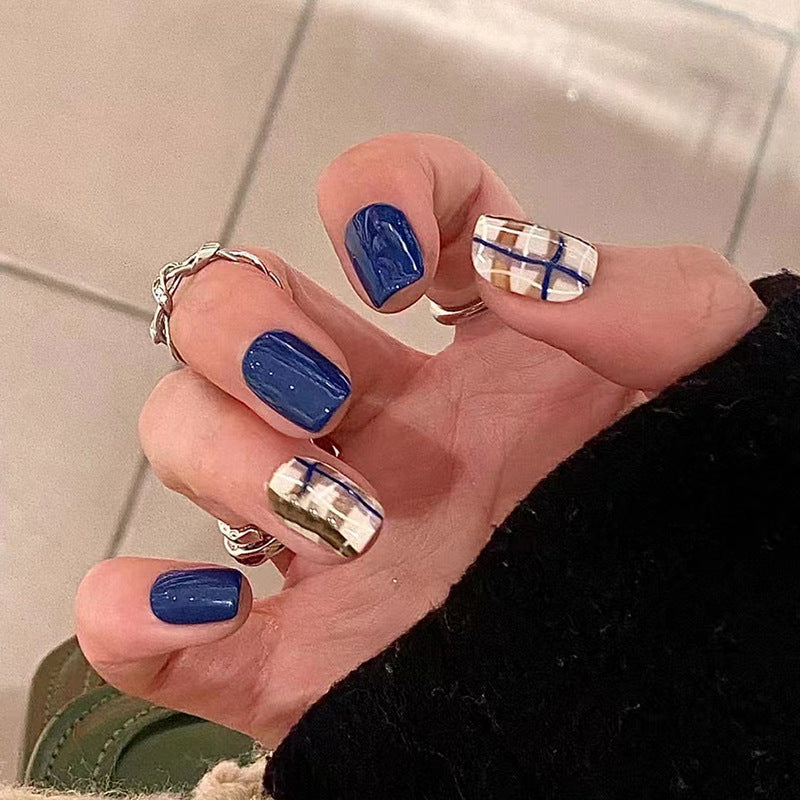 Nail 398 - Royal Blue Plaid (24Pcs) - Free Nail Kit Included