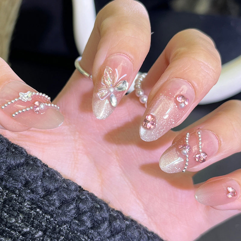 Nail 444 - Delicate Floral Design (30Pcs) - Free Nail Kit Included