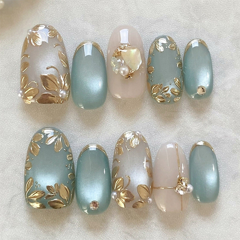 Nail 510 - Golden Garden Press-On Nails (24Pcs) - Application Kit Included
