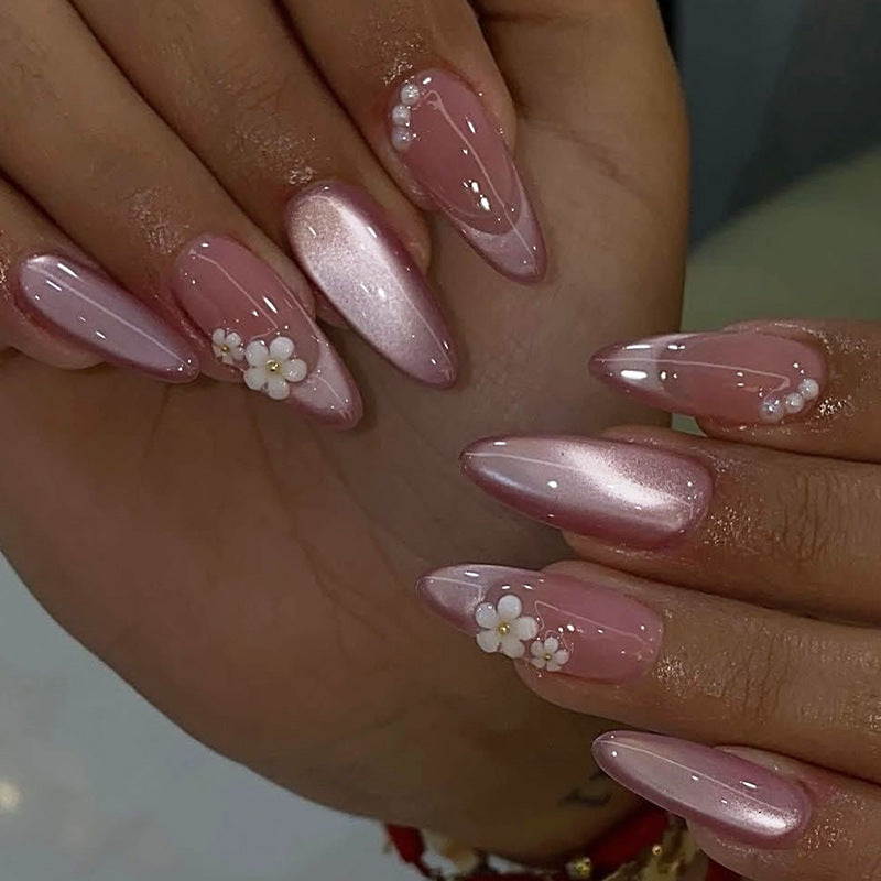 Nail 693 - Pink Cat Eye & Pearl Flower  (24Pcs) - Application Kit Included