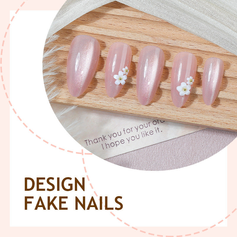 Nail 693 - Pink Cat Eye & Pearl Flower  (24Pcs) - Application Kit Included