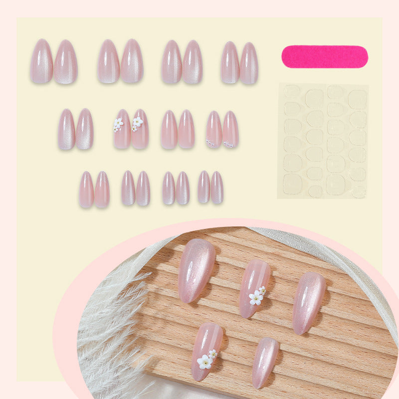 Nail 693 - Pink Cat Eye & Pearl Flower  (24Pcs) - Application Kit Included