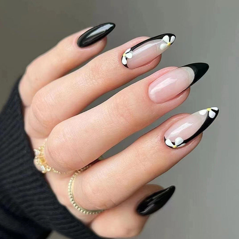 Nail 852 - Black Floral Pattern (24Pcs) - Application Kit Included