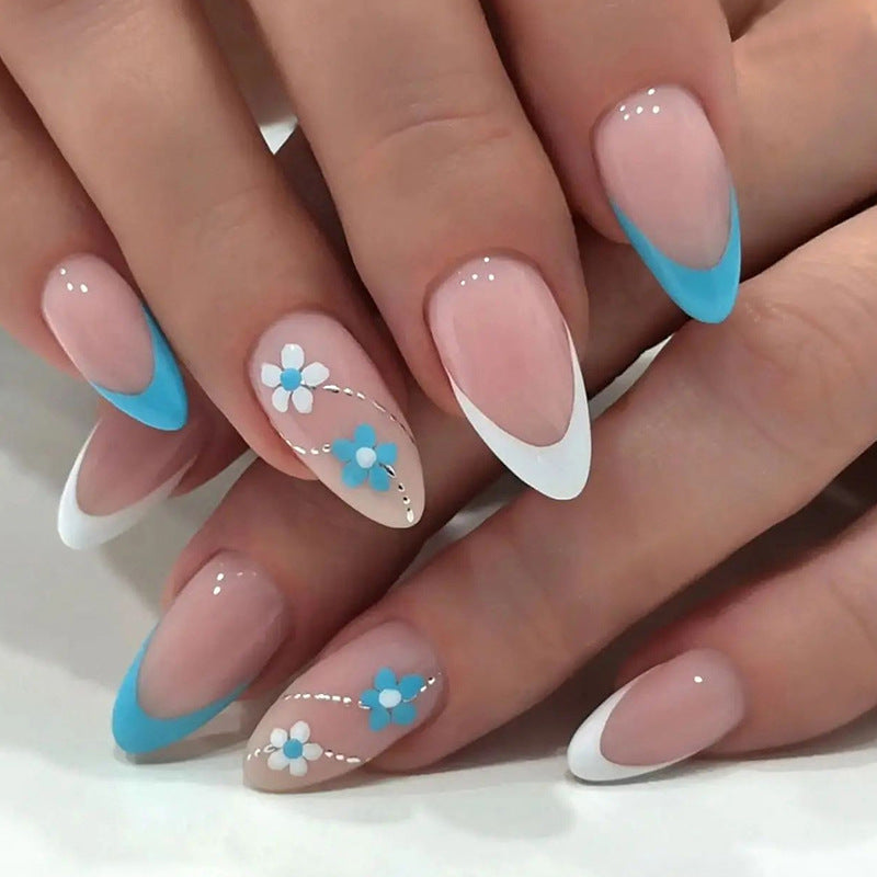 Nail 853 - Blue and White Floral Design (24Pcs) - Application Kit Included