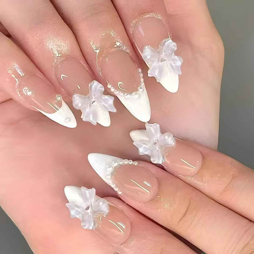 Nail 886 - French Minimalist Bow Pearl (24Pcs) - Application Kit Included