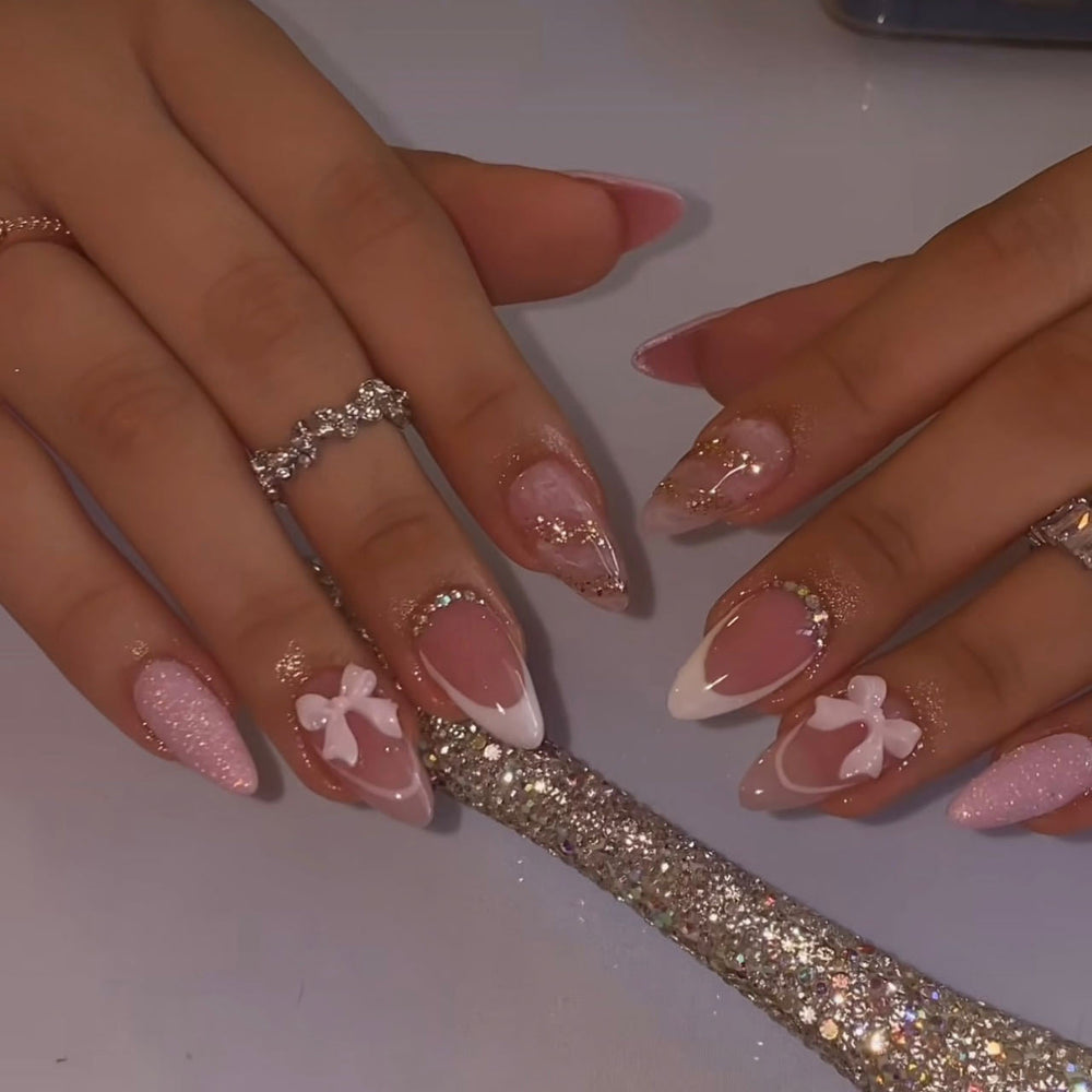 Nail 888 - French Bows and Rhinestones (24Pcs) - Application Kit Included