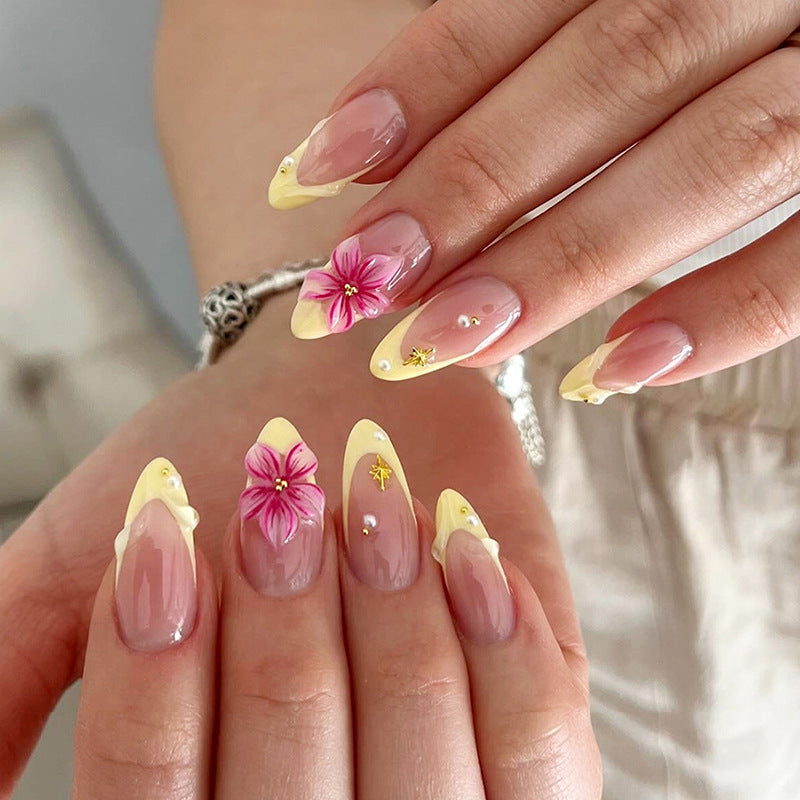 Nail 890 - French Manicure with 3D Floral(24Pcs) - Application Kit Included