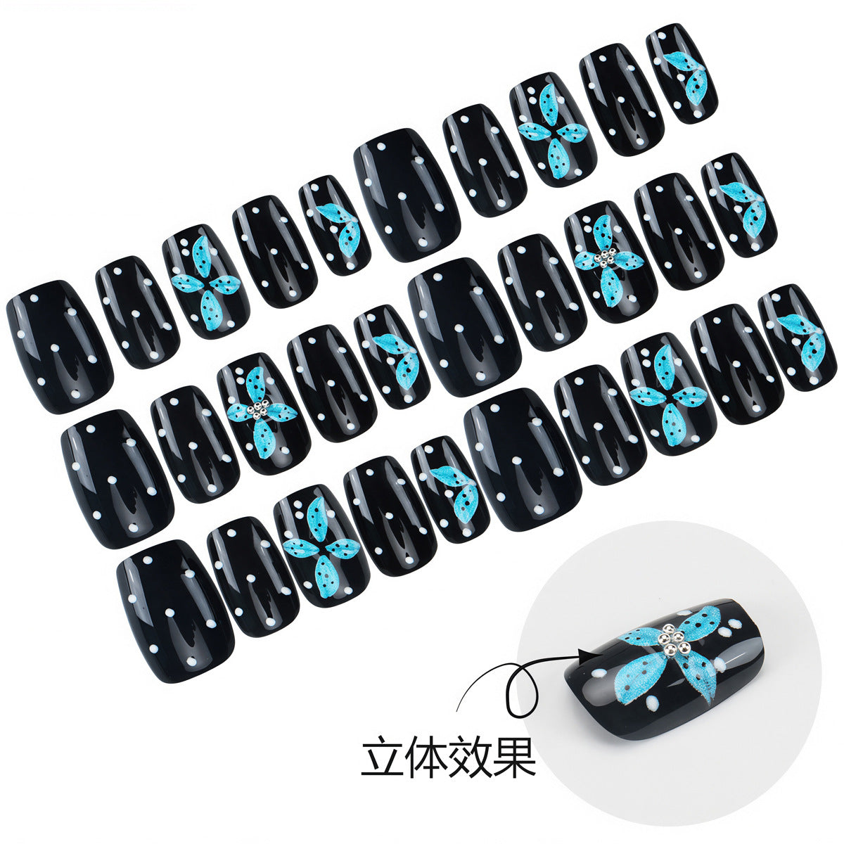Nail 903 -  Polka Dots & Blue Butterflies (30Pcs) - Application Kit Included