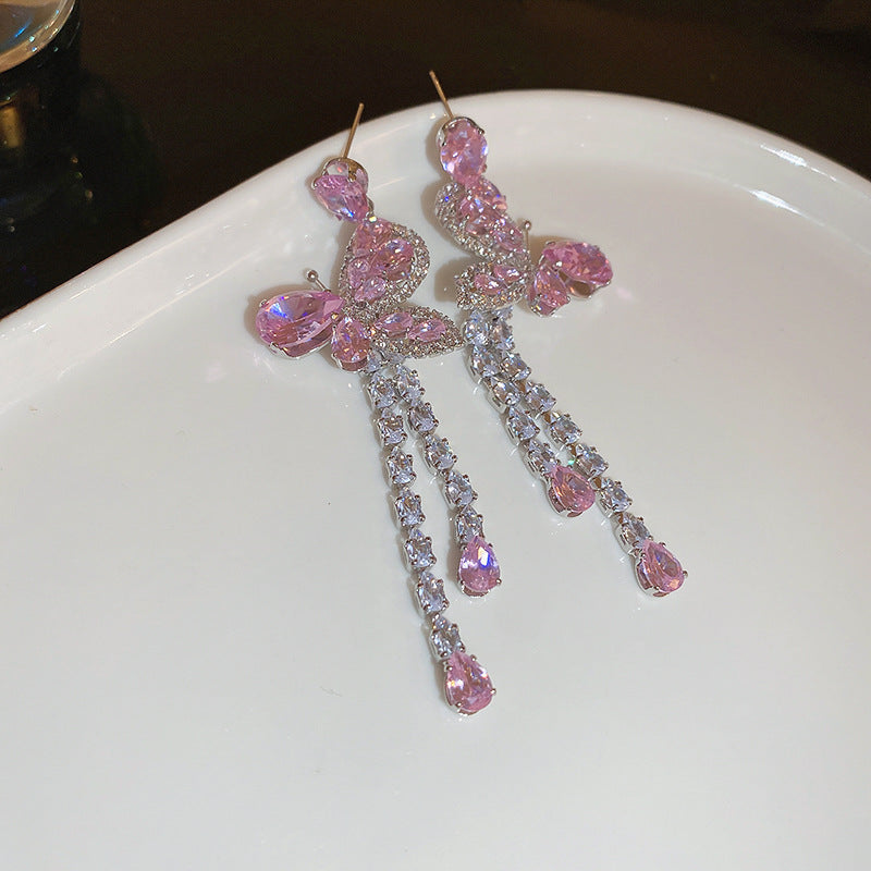 Pink Butterfly Water Drop Long Tassel Earrings