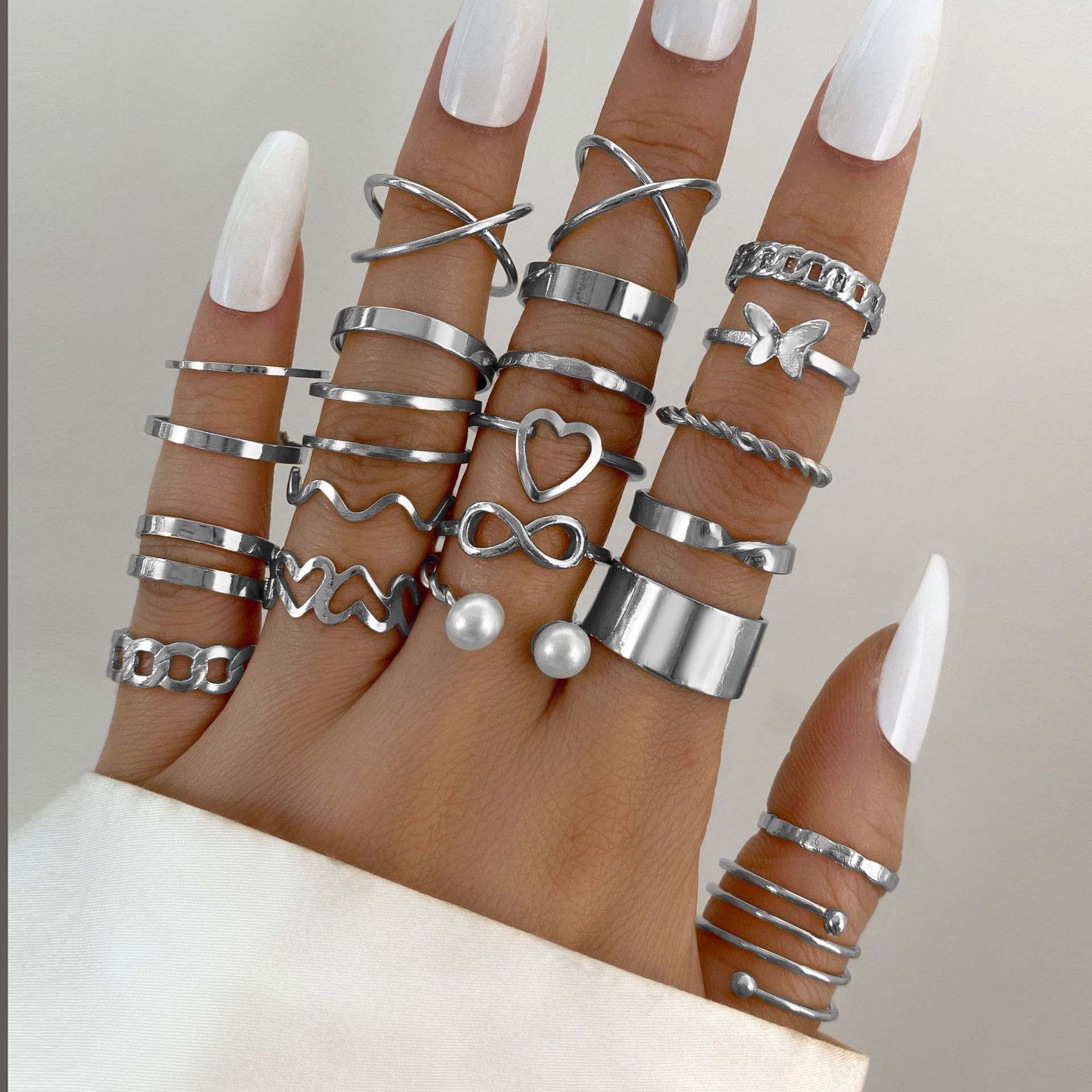 22pcs Geometric Cross Pearl Butterfly Finger Rings Set
