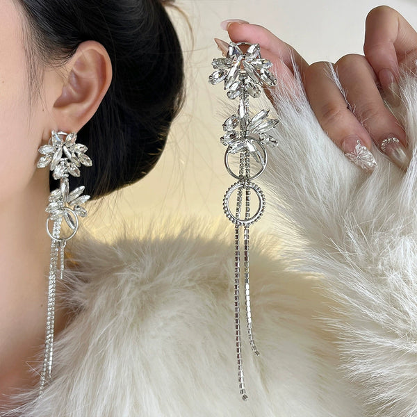 925 Silver Needle Diamond Flower Tassel Earrings