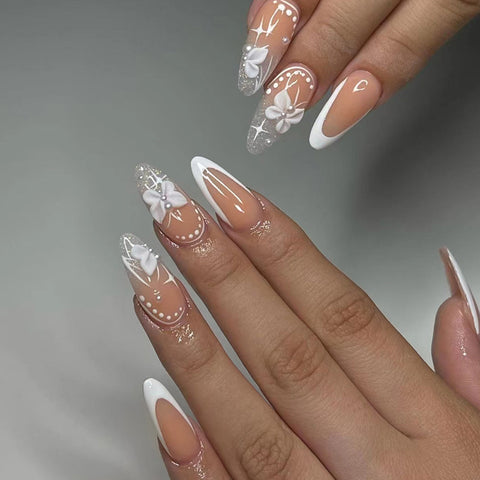 Fairy butterfly pearl white French Fake Nails - 24Pcs