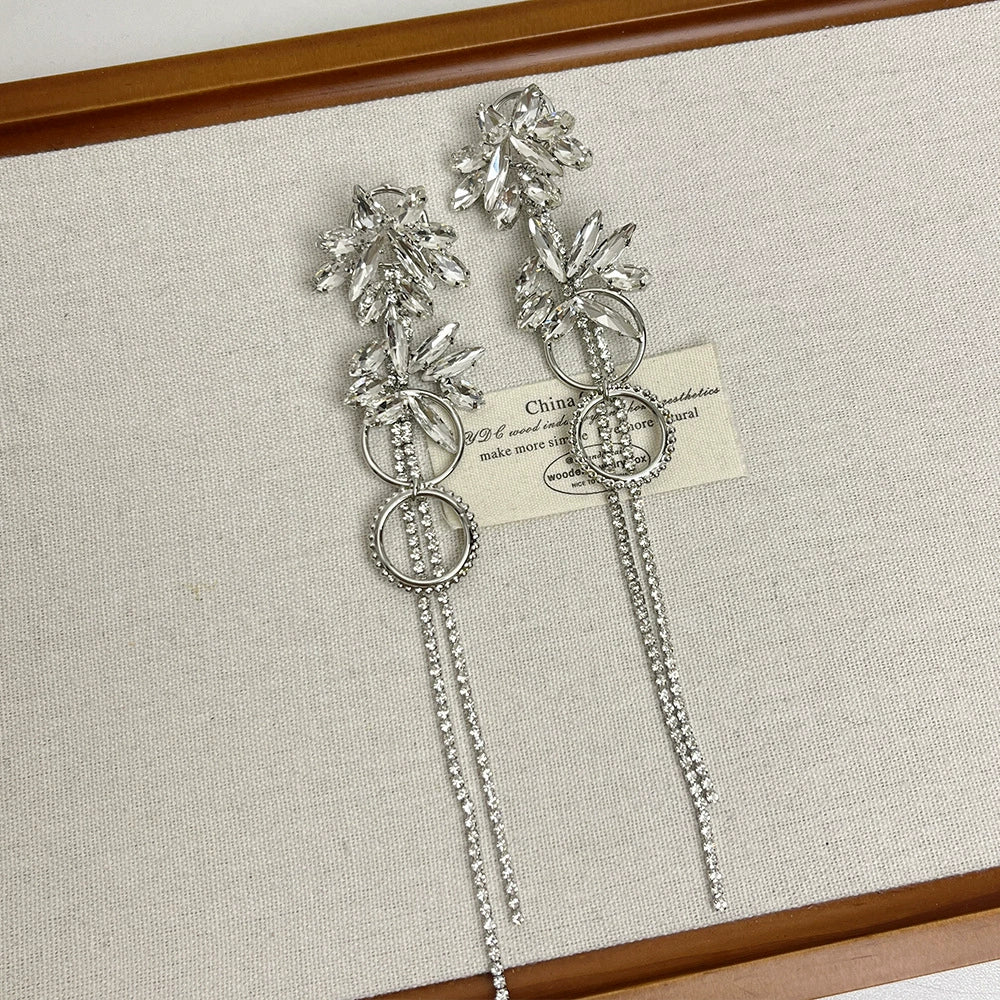 925 Silver Needle Diamond Flower Tassel Earrings