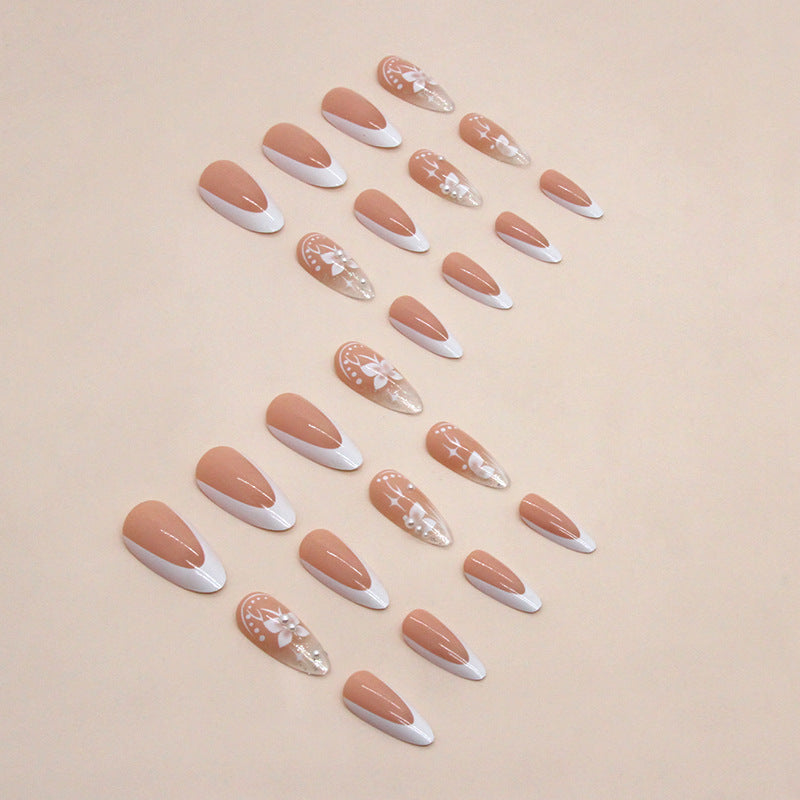Fairy butterfly pearl white French Fake Nails - 24Pcs