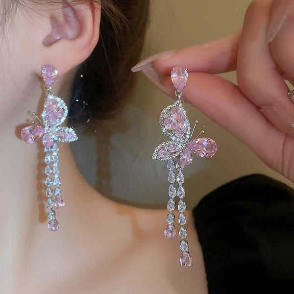 Pink Butterfly Water Drop Long Tassel Earrings