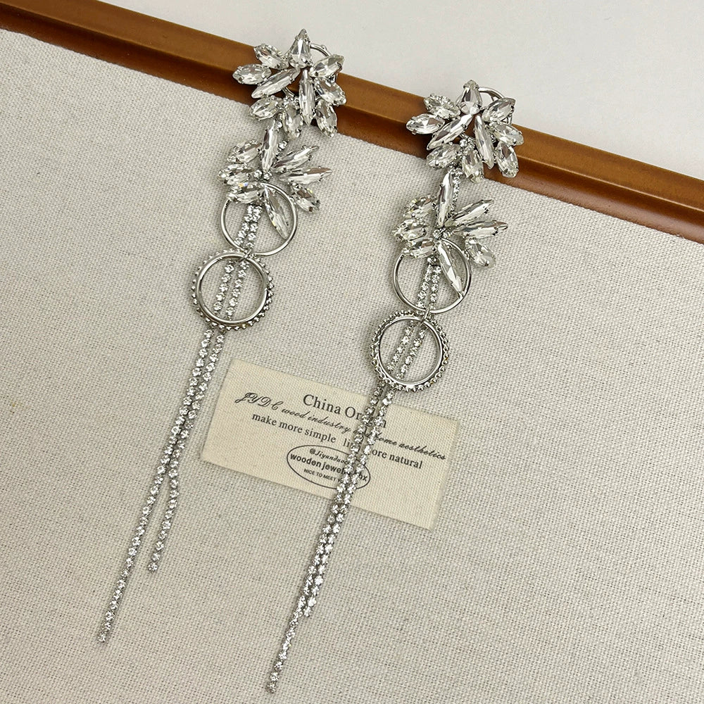 925 Silver Needle Diamond Flower Tassel Earrings