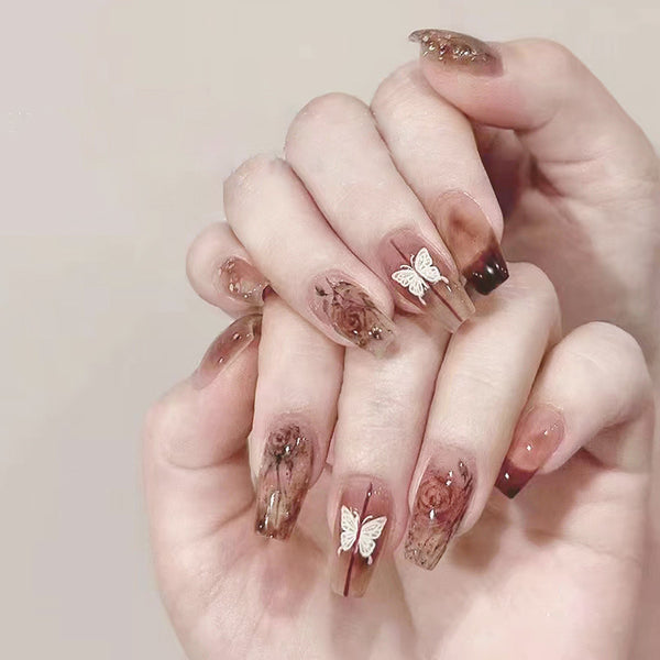 Long Ballet Ice Rose Butterfly Fake Nails  - 24Pcs