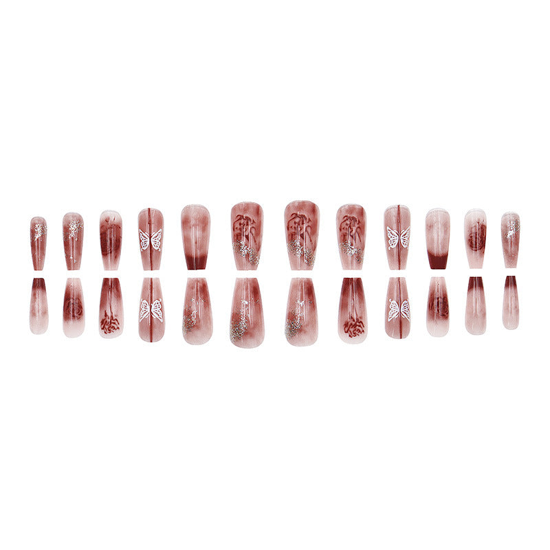 Long Ballet Ice Rose Butterfly Fake Nails  - 24Pcs