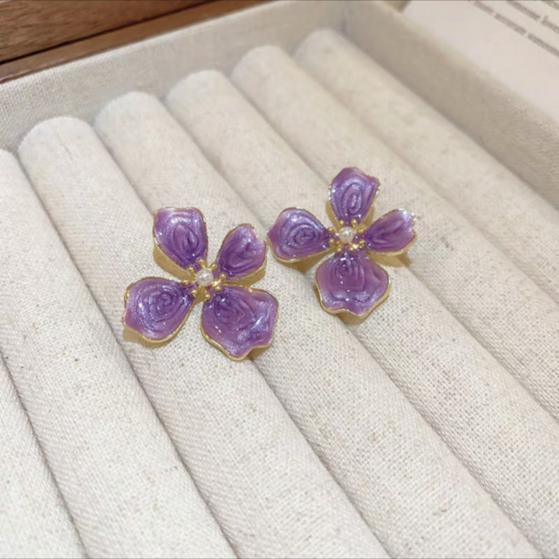 Oil Drop Purple Four-Leaf Flower Earrings