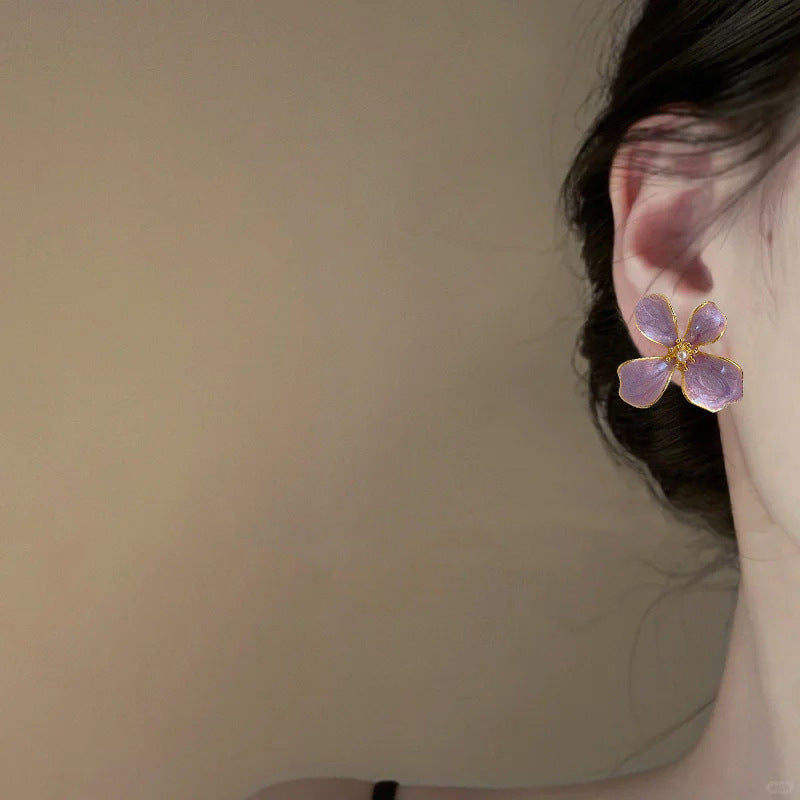 Oil Drop Purple Four-Leaf Flower Earrings